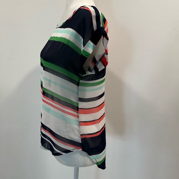 A’Gaci Striped Sheer Lightweight Cuffed Sleeve Blouse Size Small Summer Colors - Picture 7 of 10
